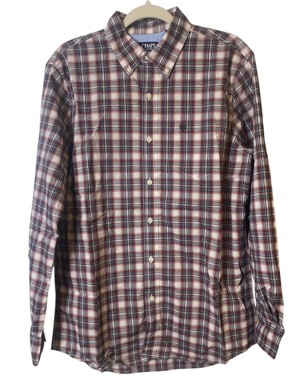 Chaps Cream Burgundy Black Plaid Long Sleeve Casual Button-Down Top Size Medium